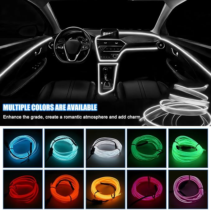EL Wire Car LED Strip Lights, 16.5FT 5V USB Vehicle Ambient Lighting Kit with Fuse Protection, Automotive Interior Neon Decoration Lamp with 5mm Sewing Edge, Universal Fit (White) - Image 3