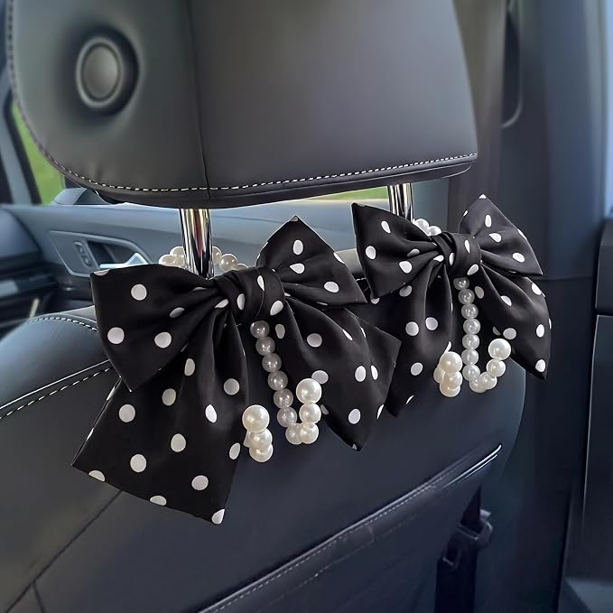 2 PCS Bow Pearl Car Seat Headrest Hook – Cute Purse Hook for Car, Girly Interior Decoration Accessories Hook Hanger, Seatback Holder for Purses & Bags, Elegant Car Organizer (Black Polka Dot) by Unknown