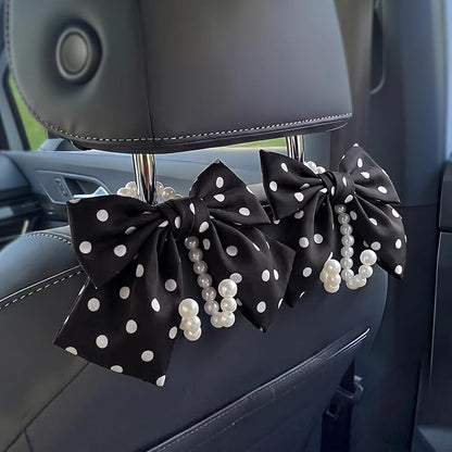 2 PCS Bow Pearl Car Seat Headrest Hook – Cute Purse Hook for Car, Girly Interior Decoration Accessories Hook Hanger, Seatback Holder for Purses & Bags, Elegant Car Organizer (Black Polka Dot) by Unknown