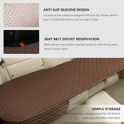 Car Seat Cover for Rear Seats, Comfortable Linen Seats Cushion Pad Mat with Storage Pockets, Anti-Slip Breathable Bottom Long Rear Seat Cover Protector for SUV Truck Van (Coffee) - Image 3