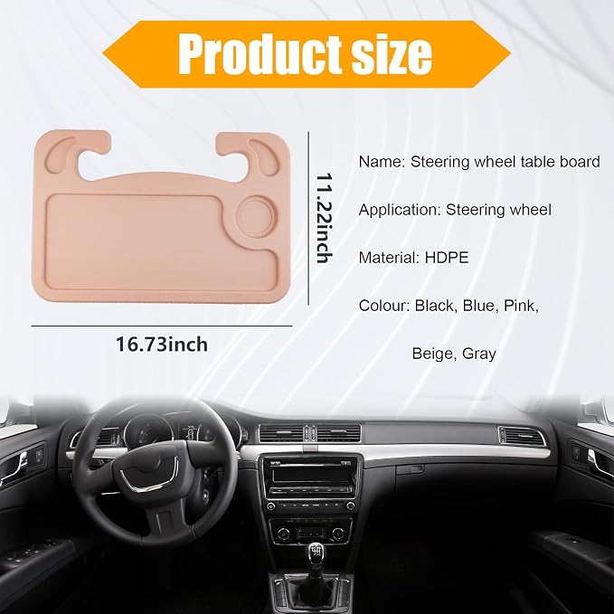 Dickno Car Steering Wheel Desk, Multipurpose Auto Steering Wheel Tray with Drink Holder, Steering Wheel Food Tray for Eating, Universal Vehicle Travel Accessories for Constant Travelers (Beige) - Image 2