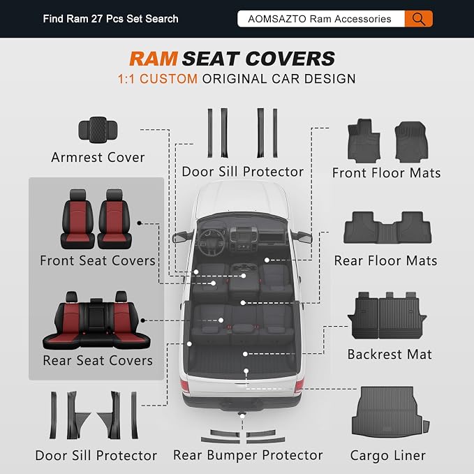 AOMSAZTO Custom Fit Seat Covers for Ram1500 & 2500 2009-2018 Black&Red | Pickup Truck Seat Covers, Perfect Fit, Breathable, Waterproof, Premium Faux Leather, for Ram Crew Cab, Airbag Compatible - Image 9