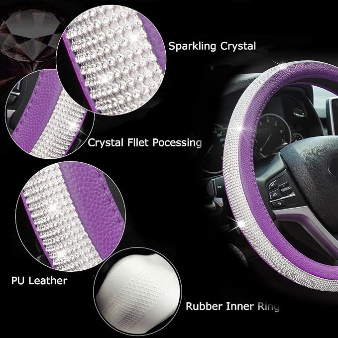 New Diamond Leather Steering Wheel Cover with Bling Crystal Rhinestones | Universal Fit 15 Inch Car Wheel Protector for Women Girls Purple - Image 7