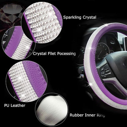 New Diamond Leather Steering Wheel Cover with Bling Crystal Rhinestones | Universal Fit 15 Inch Car Wheel Protector for Women Girls Purple - Image 7