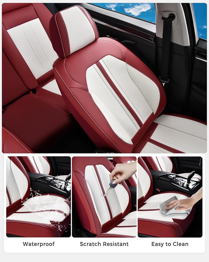 Huidasource Red White Front Seat Cover, Luxury Faux Leather Front Car Seat Cover Front Seats, Compatible with Airbags, Cooling＆Heating, Universal Fit for Most Cars, Vans, Trucks, SUVs, Red＆White - Image 6