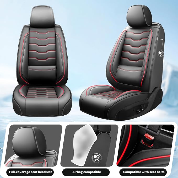 Fit Titan Car Seat Covers Premium Leather for Nissan Titan 2009-2023 2024. Waterproof， Breathable, Scratch-Resistant & All-Weather Seat Cushion Protector（Full Set,Red Line Black - Image 2