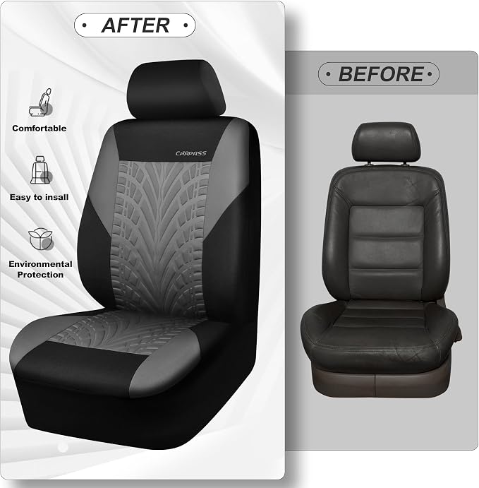 CAR PASS Car Seat Covers Full Sets, Front & Split Rear Bench for Car, 3D Tyre Embossed Automotive Interior Covers, Airbag Compatible, Quick Setup Universal Fit Seat Covers for Car, SUV(Black Gray) - Image 6
