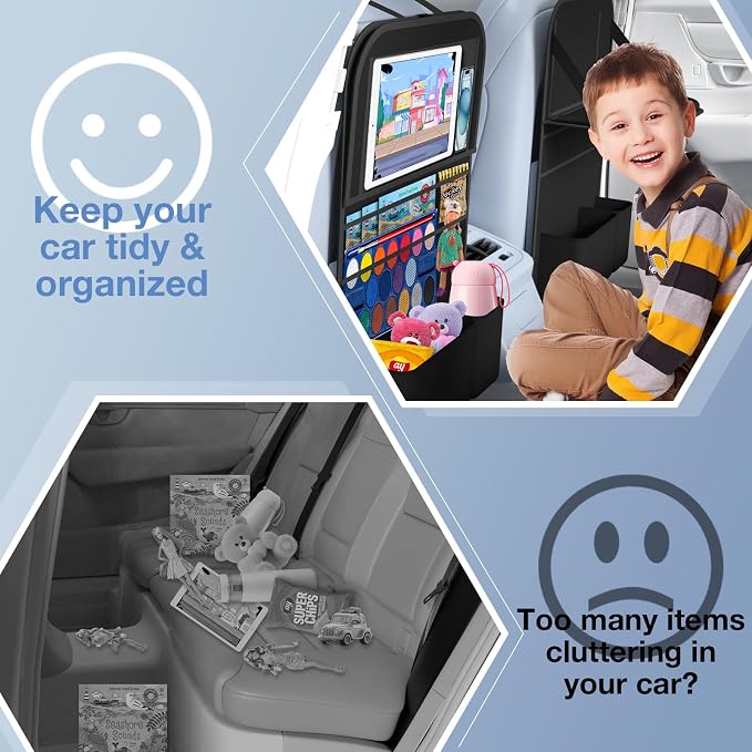 Car Backseat Organizer with Tray, Tablet Holder for Kids Road Trip | 600d Oxford Fabric, Waterproof & Easy-Clean, Foldable Tray Stows Away, Adjustable Straps Fit Car Seats, Multi-Size Pockets - Image 7