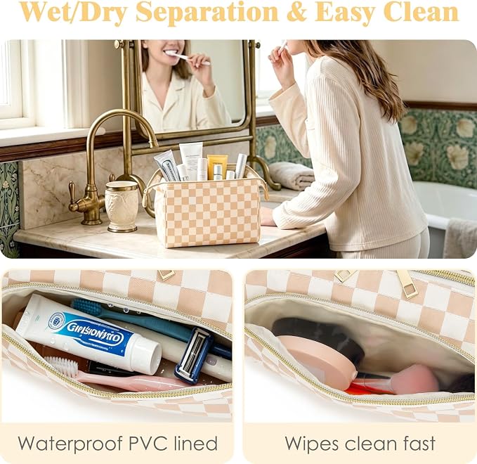 Fammart Travel Makeup Bag for Women, Waterproof Checkered Cosmetic Cosmetic Bag Make Up Organizer Case, Large Wide-open Toiletry Bag for Skincare, Brushes, Bathroom & Travel Essentials - Image 2