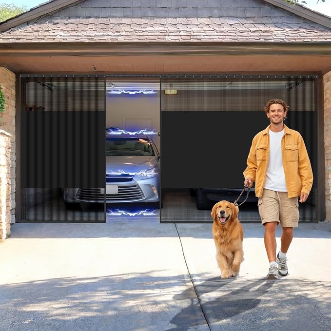 Frienda 16 x 7 ft Sliding Privacy Garage Door Screen 2 Car with Track Closure Retractable Magnetic Closure Heavy Duty Weighted Bottom Door Privacy Protection Curtain Keep Animals Out for Summer Garage by Frienda