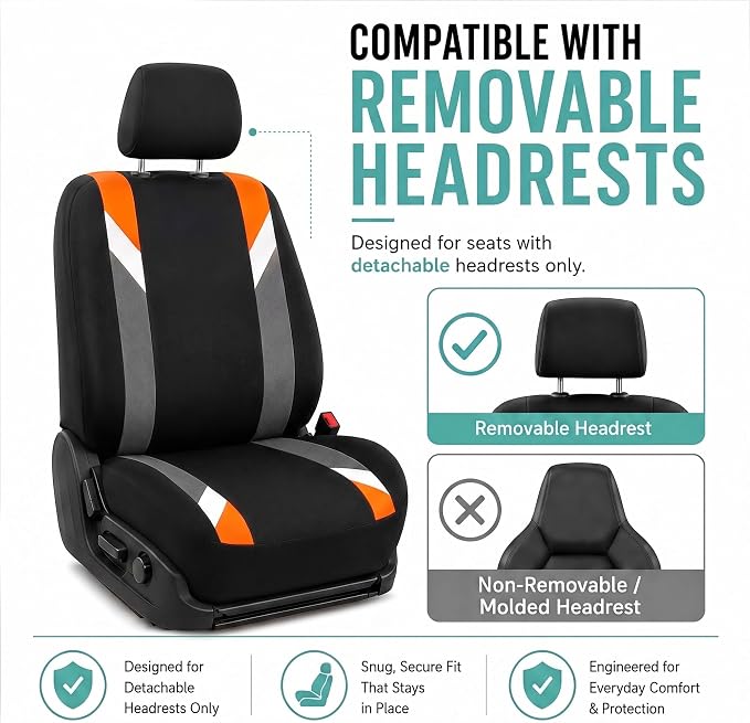 FH Group Front Set Cloth Car Seat Covers for Low Back Car Seats with Removable Headrest, Universal Fit, Airbag Compatible Car Seat Cover for SUV, Sedan, Van, Orange - Image 2