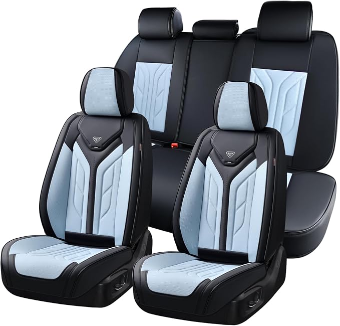 Coverado Car Seat Covers Full Set, Automotive Seat Covers Car Seat Protector Car Seat Cushion, Waterproof Leather Seat Covers for Cars, Universal Fit for Most Sedan SUV Pick-up Truck(Black&Light Blue) by COVERADOAUTO