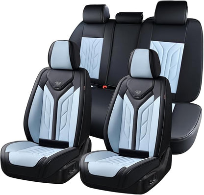 Coverado Car Seat Covers Full Set, Automotive Seat Covers Car Seat Protector Car Seat Cushion, Waterproof Leather Seat Covers for Cars, Universal Fit for Most Sedan SUV Pick-up Truck(Black&Light Blue) by COVERADOAUTO