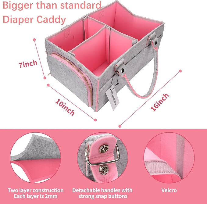 XUANGUO Large Felt Baby Diaper Caddy Organizer with Handles for Girls, Pink | Nursery storage bin and basket; portable tote bag for changing table or car, baby shower gifts and newborn essentials. - Image 2