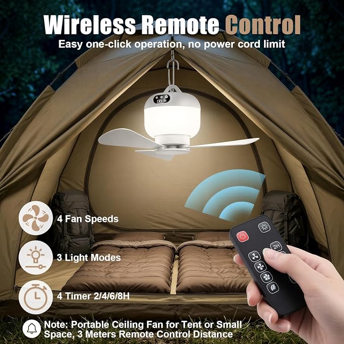 Camping Fan with Light & Remote, Portable Ceiling Fan Wireless Rechargeable Tent Fan with 4 Speeds,3 Light Modes,Timer, Battery Powered Fan for Tents, Canopy, Beach, RV, Car, Camper & Outdoor - Image 2