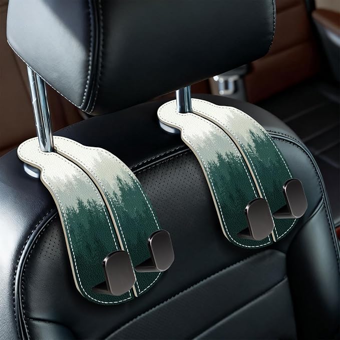 Blusabaca 2PCS Car Seat Headrest Hooks, Purses Bags Holder, Forest Trees | PU Leather, Double Metal Back Storage Hangers for Grocery Bags Handbags Bottles Coats Phones, Car Accessories Organization by Blusabaca