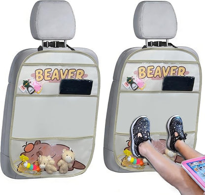 kids Leather Car Backseat Organizer with Foldable Table Tray, Car Storage Organizer with Tablet Holder, Car Seat Back Protectors Kick Mats, Travel Accessories (Capybara) by QIANKUNCaraccessories
