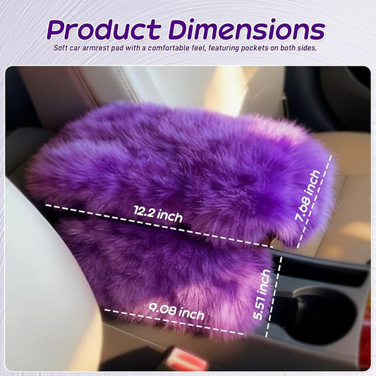 Fluffy Car Armrest Cover with Side Pockets – Plush Fuzzy Fur Center Console Armrest Cushion Pad, Universal Winter Car Interior Protector, Soft Arm Rest Cover with Storage for Women & Men (PURPLE) - Image 2
