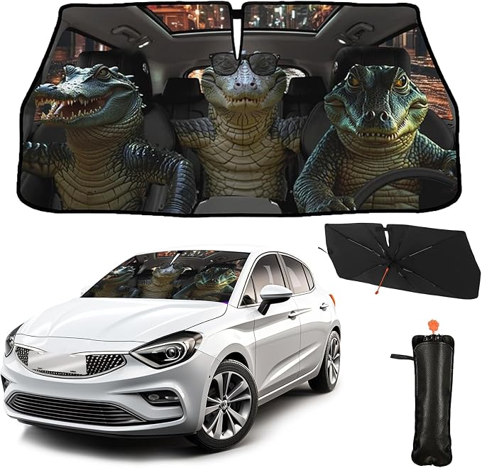 CHILL·TEK Funny Animal Car Windshield Sun Shade Umbrella, Funny Crocodile Car Sun Shade Umbrella, Block UV Rays Heat Foldable Windshield Umbrella Sun Visor Protector - Keep Vehicle Cool for Cars SUV by CHILL%C2%B7TEK