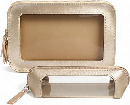 2Pack Clear Makeup Bags, Makeup Pouch for Purse Slim Make Up Brush Bag for Girls Car Accessories Essentials for Women(2Pack-Gold Set) by LETGO