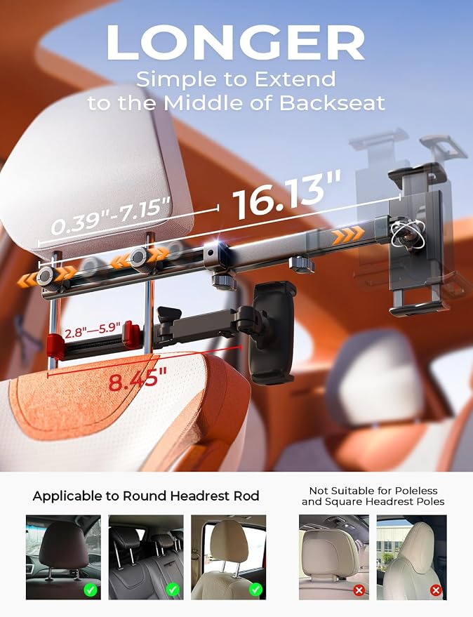 LISEN iPad Holder for Car Tablet Mount, Road Trip Essentials Kids Back Seat | Car Accessories for Women Interior Kit Organizer Back Seat, Toddler Travel Essential for Car Trip, iPad Car Mount Headrest - Image 8