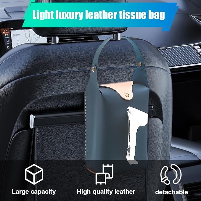 Car Tissue Holder, Large Car Headrest Hanging Tissue Box Cover, PU Leather Auto Napkin Holder, Universal Vehicle Backseat Paper Organizer for Cars Sun Visor (Blue) - Image 5