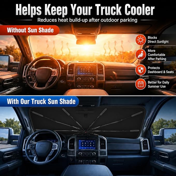 Purehorizon XL Truck Windshield Sun Shade Umbrella, F-150 Ram Tundra | 61 x 33 in XL shade for listed full-size pickups, with 10-rib frame and bendable handle for wide truck glass - Image 2