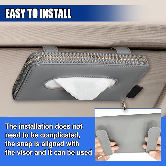 Car Tissue Holder, Leather Car Sun Visor Napkin Box with Tissue Refill, Auto Backseat Paper Carton Mask Dispenser with Zipper, Universal Hanging Vehicle Towel Clip for RV, SUV, Truck (Grey) - Image 5