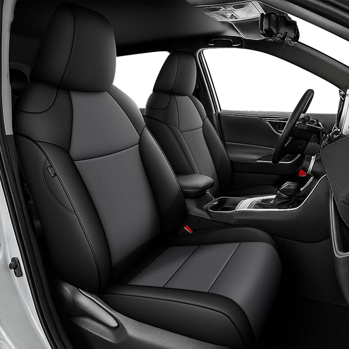 Custom Fit Seat Covers 2019-2025 for Toyota RAV4 Hybrid | Not for XSE&2022-2025 SE Hybrid-Full Set Faux Leather Waterproof Airbag Compatible Car Seat Protectors Black&Gray by AOMSAZTO