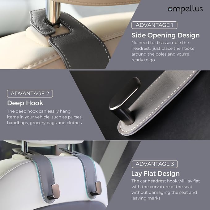 Car Purse Holder,2 Pack Leather Car Purse Hook,Car Organization Accessories | Sturdy Metal Core, Premium Leather Wrapped, Universal Fit for Most Vehicle Seat Headrest, 360-degree Rotation,Easy to Install - Image 6