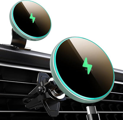 for Magsafe Car Mount Charger 15W LED RGB Car Phone Holder for Dash Vent | HandsFree Magnetic Wireless Car Charger Car Mount Fast Car Charger for iPhone 17 16 15/14/13/12 Series Green by MOKPR