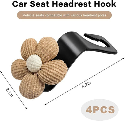 4 PCS Car Seat Headrest Hooks, Cute Flower Vehicle Backseat Hanger Storage Hook, Portable Auto Seat Back Holder Hanging Organizer for Purse Grocery Bag Cloth (Brown) - Image 2