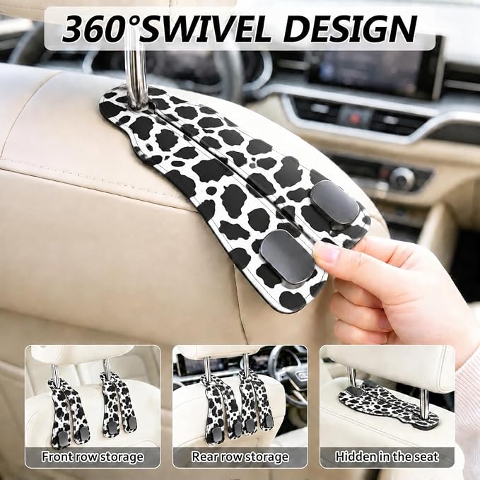 Cute Cow Car Seat Back Storage Headrest Hooks for Purses & Bags – 2PCS PU Leather Dual Metal Hooks, Backseat Organizer Accessories - Image 4