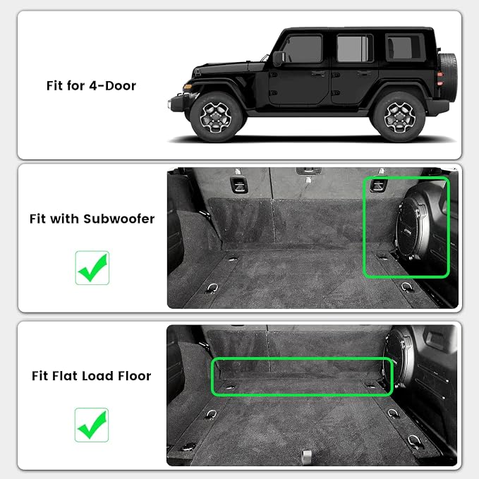 LASFIT Cargo Mat for Jeep Wrangler JL 2018-2026 4 Doors with SUBWOOFER | Not for JK/Not PHEV/Not 2-Door, All Weather, TPE, Custom Fit, Trunk Mat, for Flat Load Floor, Gas Type, Black - Image 2