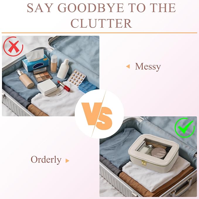 2-Piece Leather Clear Makeup Bags Set - Waterproof Clear Cosmetic Bag Case with Zipper, Transparent TSA Approved Toiletry Bag for Travel, Car Accessories for Women (Beige-2, Mini+Medium) - Image 6