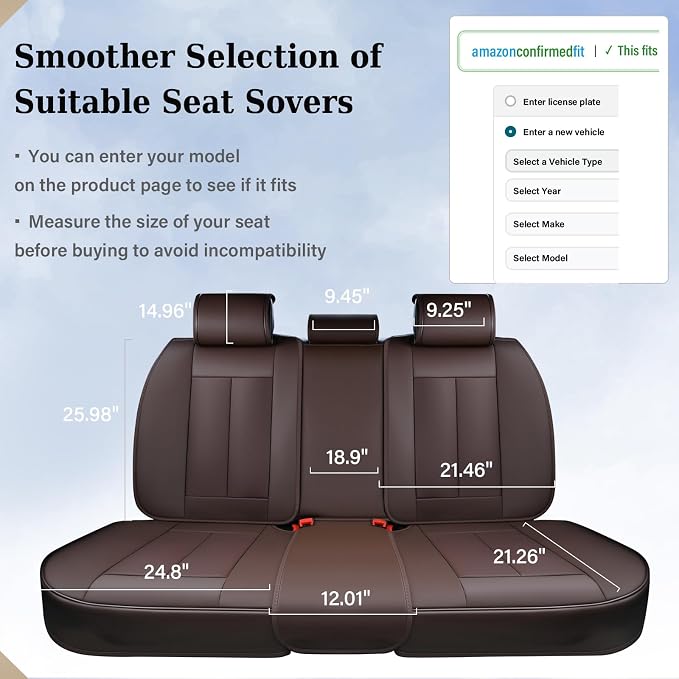 Coverado Rear Seat Covers for Cars, Back Seat Protector, Brown Back Seat Cover for Kids, 3-Pieces Waterproof Car Seat Cushion Nappa Leather Seat Cover for Back Seat Universal Fit for Most Cars - Image 3