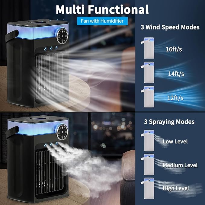Portable Air Conditioner, Mini AC Unit for Bedroom | 1200ML Small Cooling Fan with Remote, 3 Mist 3 Speed 2-8H Timer Personal Air Cooler for Room Camping Office Car,Black - Image 3