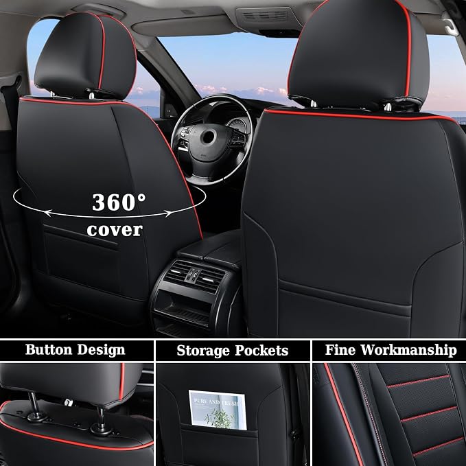 Coverado Car Seat Covers Full Set, Seat Covers for Cars, Car Seat Cover, Car Seat Protector, Nappa Leather Car Seat Cushion, Waterproof Car Seat Covers Front Seats and Back Fit for Most Cars (Redline) - Image 3