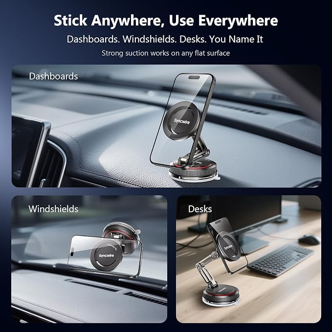 SYNCWIRE for MagSafe Car Mount [3-Axis] Nano Adhesive Gel + Strong Suction Cup Magnetic Phone Holder for Dashboard & Windshield, 360° Adjustable for iPhone 17 16 15 14 13 12, Samsung, Matte Black - Image 9
