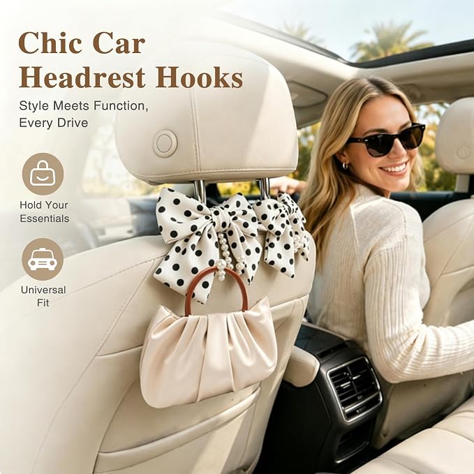 2 Pack Pearl Car Seat Headrest Hook with Bow & Sequin/Leopard/Polka Dot Design – Cute Purse Hanger for Vehicle,Grocery Bags, Umbrellas, Seat Back Organizer for Women (White Polka Dot) - Image 4