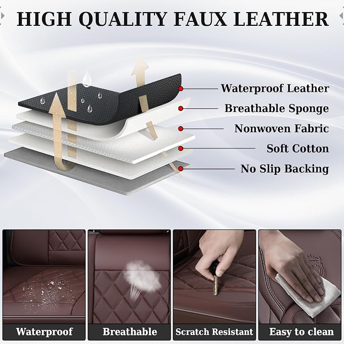 Coverado Front Seat Covers, Car Seat Covers Front Seats, Luxury Faux Leather Seat Covers for Cars, Car Seat Protector Waterproof, Automotive Driver Seat Cover Universal Fit for Most Cars, Brown - Image 5