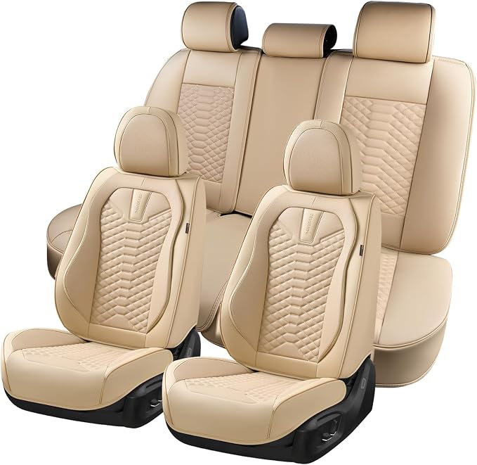 Coverado Car Seat Covers Full Set, Waterproof Nappa Leather Seat Covers for Cars, Universal 5 Seats Car Seat Covers, Front and Back Car Seat Protector, Auto Seat Covers Fit for Most Cars, Beige by COVERADOAUTO