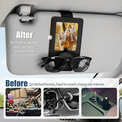 Car Visor Sunglasses Holder with Photo Frame, Magnetic Leather Clip - Image 3