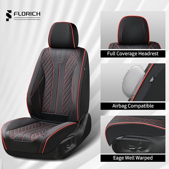 FLORICH Leather Seat Covers Car Seat Cover Front and Rear Seat Cover 5 Seats Automotive Seat Covers Waterproof Seat Covers for Cars Universal Fit for Most Cars SUV Trucks, Black&Red Line - Image 5