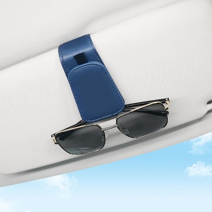 SINGARO 1 Pack Sunglass Holder for Car Visor Sunglasses Holder Clip, Universal Non-Slip Magnetic Leather Glasses Eyeglasses Hanger Mounter, Truck Interior Car Visor Accessories for Woman Man, Blue - Image 2