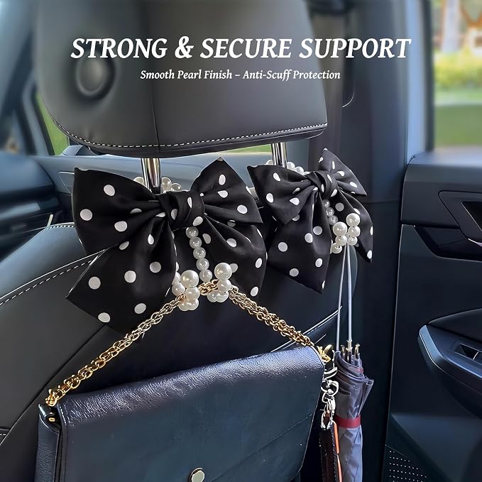 2 PCS Bow Pearl Car Seat Headrest Hook – Cute Purse Hook for Car, Girly Interior Decoration Accessories Hook Hanger, Seatback Holder for Purses & Bags, Elegant Car Organizer (Black Polka Dot) - Image 3