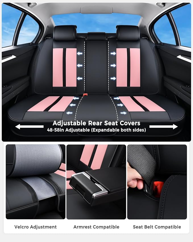 Huidasource Seat Covers Full Set Luxury Nappa Leather, Seat Covers with Velcro Adjustable, Airbag, Lumbar Support, Cooling＆Heating, Car Seat Cover Set Universal Fit for Most Cars SUV Trucks Black＆Pink - Image 3