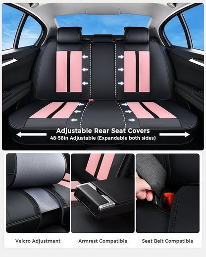 Huidasource Seat Covers Full Set Luxury Nappa Leather, Seat Covers with Velcro Adjustable, Airbag, Lumbar Support, Cooling＆Heating, Car Seat Cover Set Universal Fit for Most Cars SUV Trucks Black＆Pink - Image 3
