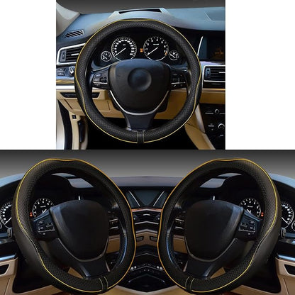 Gomass Car Steering Wheel Cover, Anti-Slip, Safety, Soft, Breathable, Heavy Duty, Thick, Full Surround, Sports Style (Black with Yellow Line) - Image 2
