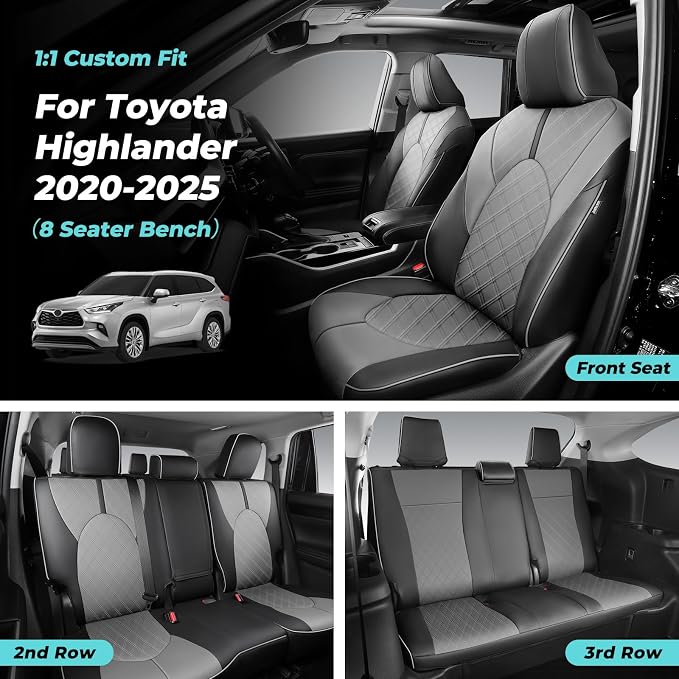 Custom Seat Covers for Toyota Highlander 2020-2024 8 Seats | black grey,faux leather, 2nd row 40/60 split bench, waterproof, breathable, airbag compatible, stain resistant - Image 6